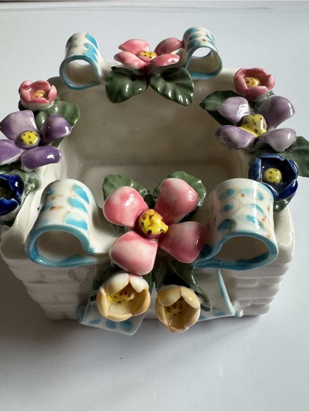 Vintage Ceramic Floral Basket Accent - Pink, Blue, Purple, Yellow Flowers